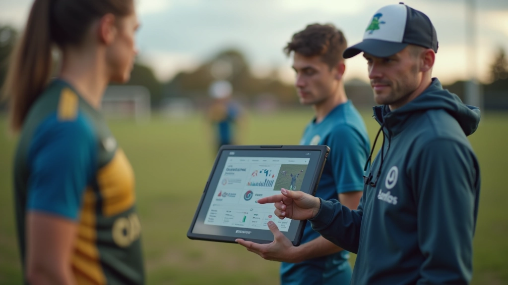 Coach reviewing video footage and statistics on tablet during team training session in gym