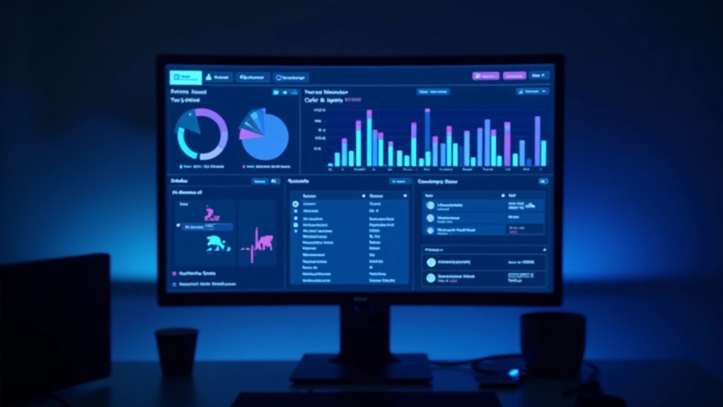 Computer monitor displaying colorful analytics dashboard with performance charts, player statistics, and game metrics